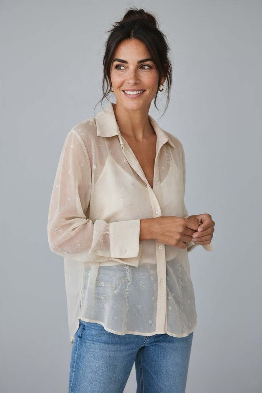 NWT ZARA Women's Sheer Embroidered Collared Button-Front Blouse Beige Size S